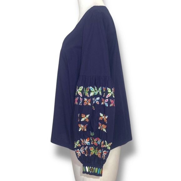 Maeve Sonja Anthropologie Top Blouse Size 4 Blue Embroidery Puffed Sleeves - Picture 2 of 10